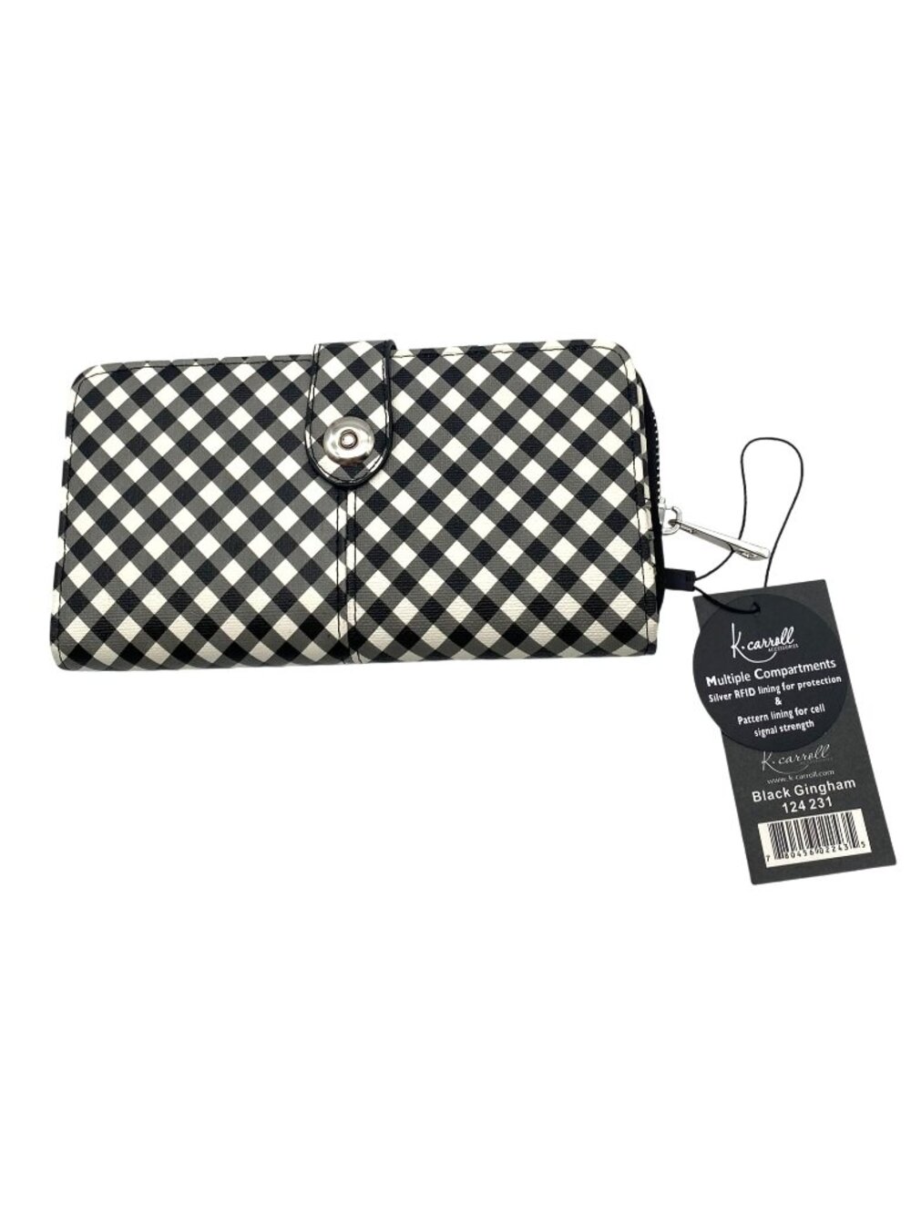 K. Carroll Secure Style Black Gingham RFID Protection Clutch Wallet 7.75" Long